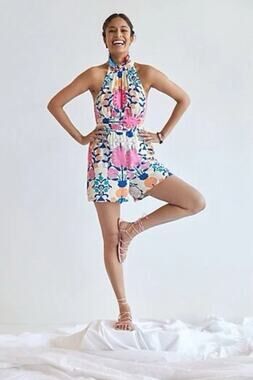 Plenty by Tracy Reese High Neck Sleeveless Floral Ruffle Trim Romper Size XS